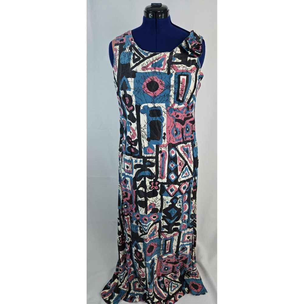Vintage 80s handmade geometric tribal print maxi polyester shift dress L - XL